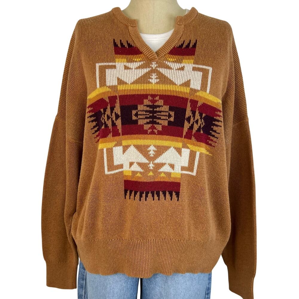 Pendleton V-Neck Aztec Print Brown Knit Pullover Sweater (Sz L)